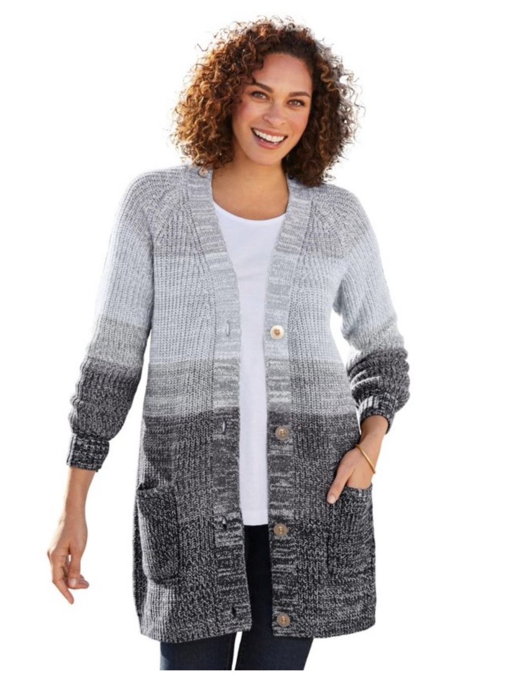 NWOT Woman Within Ombre Shaker Knit V-Neck Button Cardigan Gray Black L 18/20